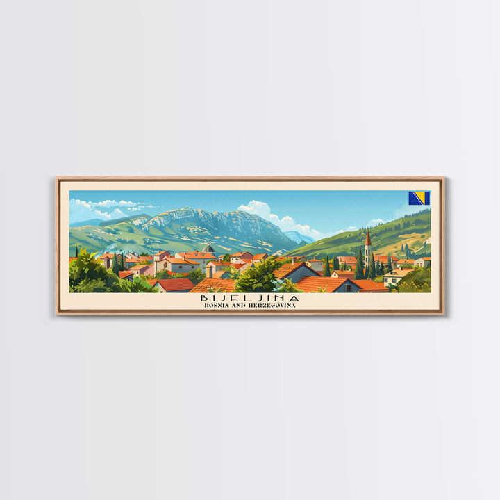 Bijeljina Bosnia Panoramic Travel Poster, Framed Canvas Print or Metal Wall Art, Travel Art, Home Decor, Panoramic Painting, Midcentury Art