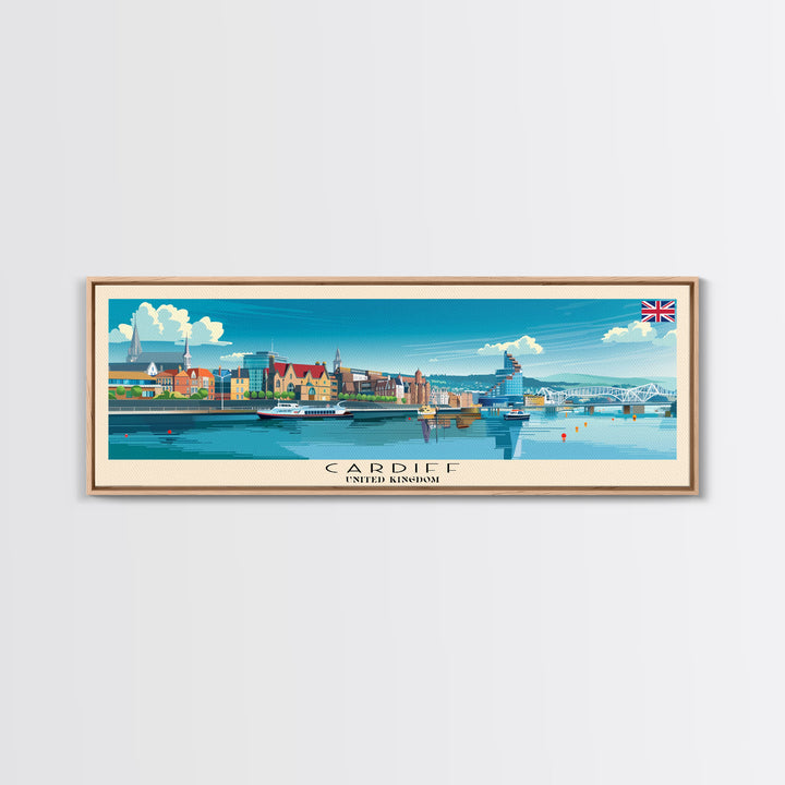 Cardiff United Kingdom Travel Art, City Art, Framed Canvas Print or Metal Wall Art, Europe Travel Poster, Panoramic Wall Art, Extra Wide Wall Art