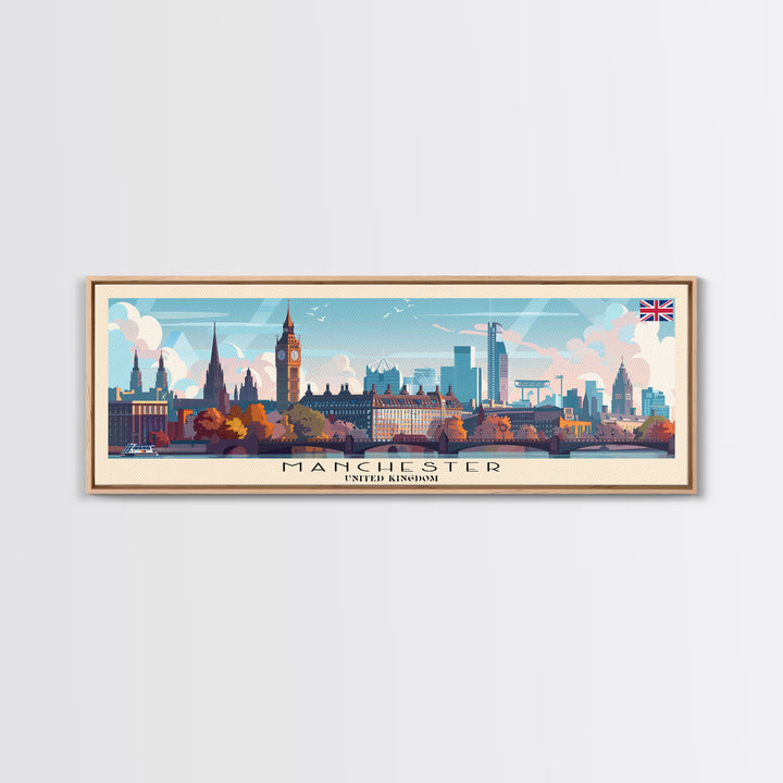 Manchester United Kingdom Panoramic Travel Poster, Framed Canvas Print or Metal Wall Art, Travel Art, Home Decor, Panoramic Painting, Midcentury Art