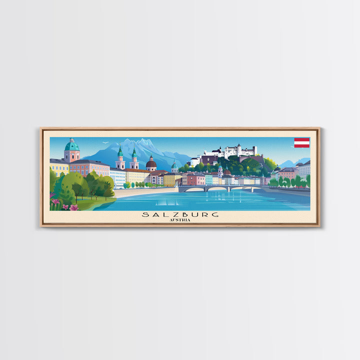 Salzburg Austria Panoramic Travel Poster, Framed Canvas Print or Metal Wall Art, Travel Art, Home Decor, Panoramic Painting, Midcentury Art