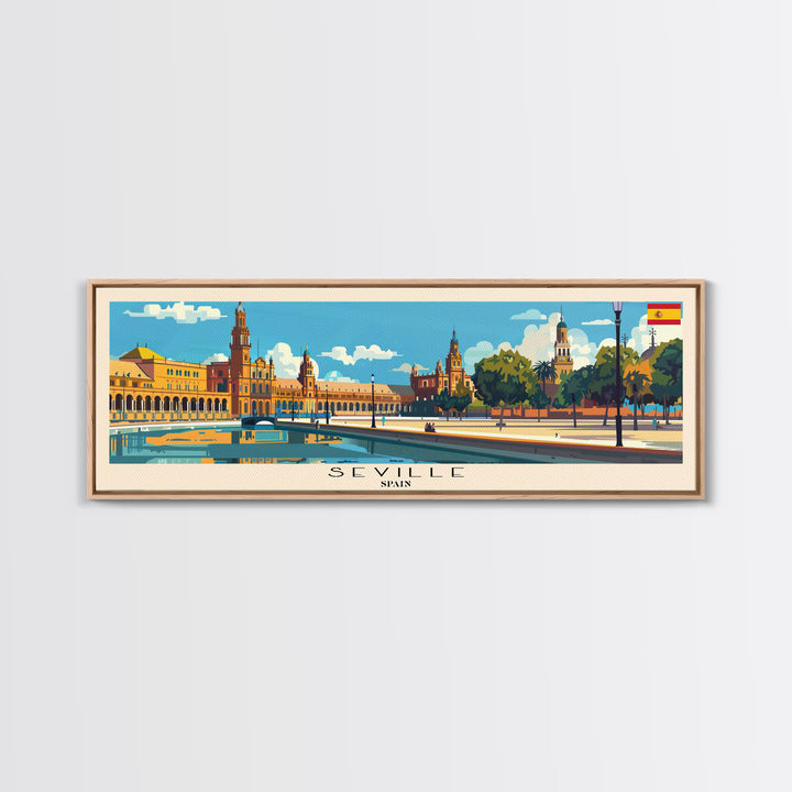 Seville Spain Panoramic Travel Poster, Framed Canvas Print or Metal Wall Art, Travel Art, Home Decor, Panoramic Painting, Midcentury Art
