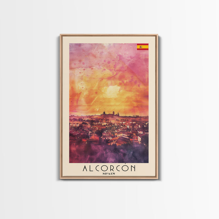 Alcorcón Spain Sunset Skyline Travel Poster Art, Framed Canvas Print, Beautiful Wall Art for Living Room or Bedroom, Home Decoration