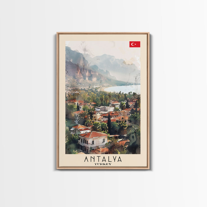 Picturesque Antalya Coastline, Framed Canvas Print, Ideal for Living Room Art, Travel Poster, Boho Wall Decor, Watercolor Art