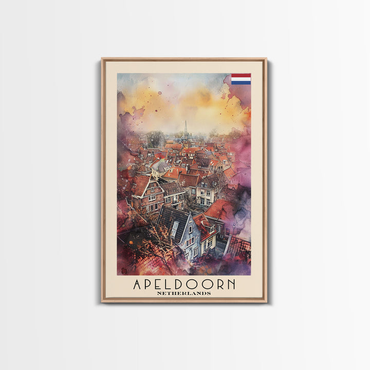 Scenic Apeldoorn Rooftops, Framed Canvas Print, Perfect for Living Room Art, Travel Poster, Boho Wall Decor, Watercolor Painting