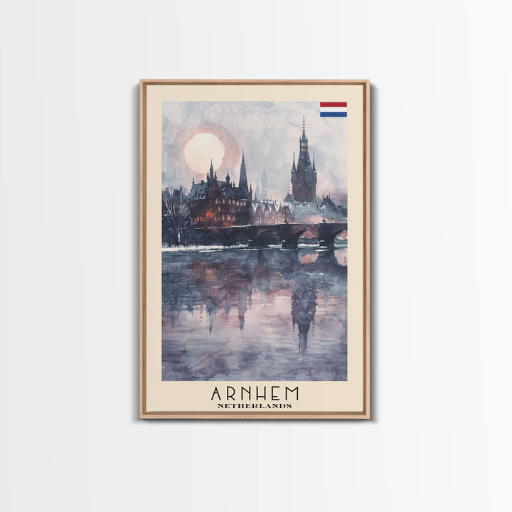 Arnhem Netherlands Travel Poster Framed Canvas Print, Wall Art, Home Decor, Vacation Print, Watercolor Painting, Cityscape Art
