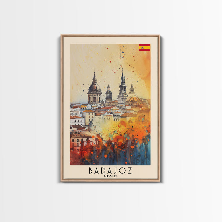 Badajoz Spain Travel Poster Framed Canvas Print, Wall Art, Home Decor, Vacation Print, Watercolor Painting, Cityscape Art, Vibrant Colors