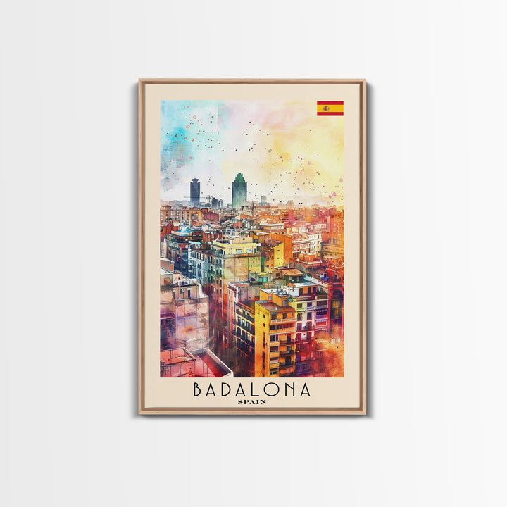 Badalona Spain Travel Poster Framed Canvas Print, Wall Art, Home Decor, Travel Print, Watercolor Painting, Urban Cityscape, Original Art