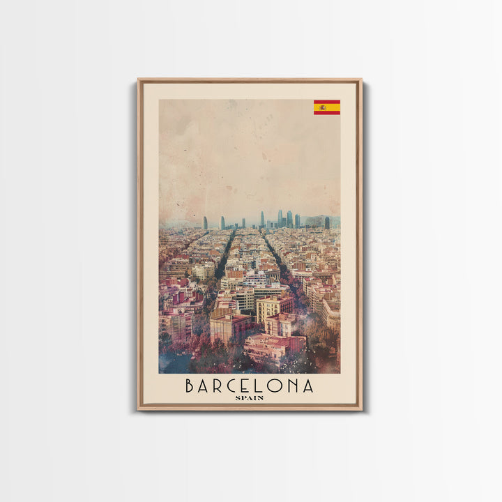 Barcelona Spain Travel Poster Framed Canvas Print, Wall Art, Home Decor, Travel Print, Watercolor Painting, Urban Scene, Vibrant Colors