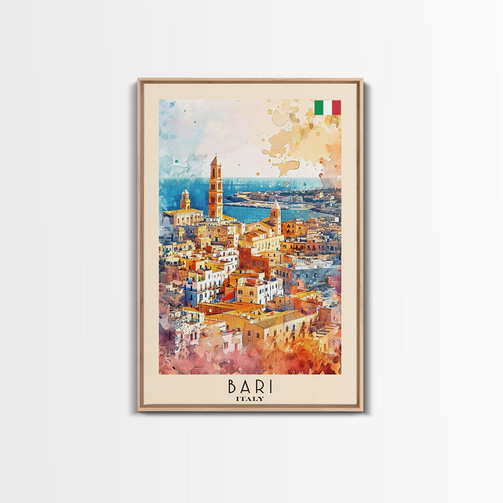 Bari Italy Travel Poster Framed Canvas Print, Wall Art, Home Decor, Watercolor Painting, Vacation Gift, Minimalist Art