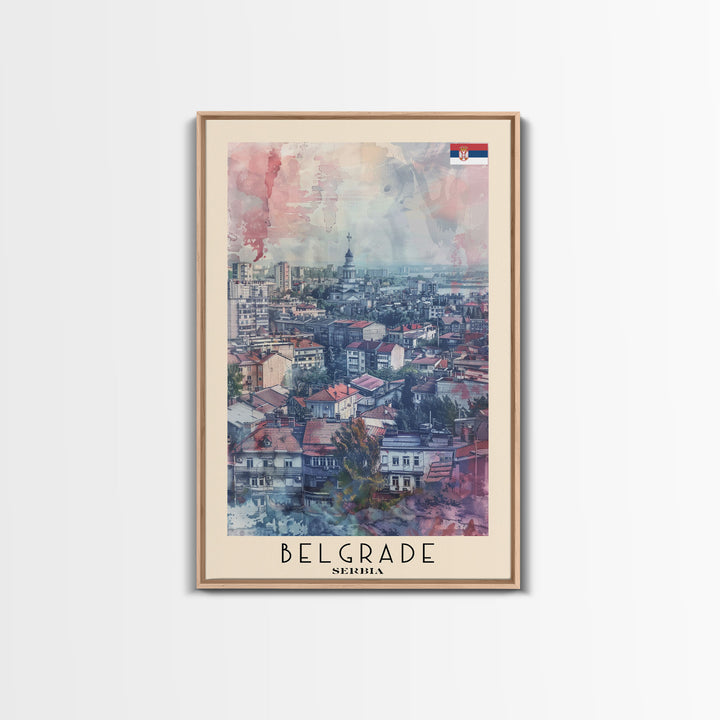 Belgrade Serbia Travel Poster Framed Canvas Print, Wall Art, Living Room Art, Watercolor Painting, Original Art, Vacation Gift