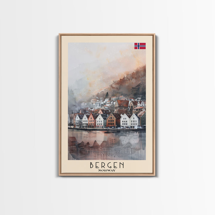 Bergen Norway Travel Poster Framed Canvas Print, Watercolor Painting, Wall Art, Home Decor, Boho Art, Scenic Travel Print