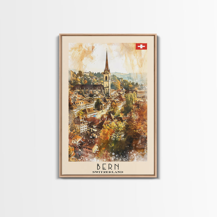 Bern Switzerland Travel Poster Framed Canvas Print, Watercolor Painting, Wall Art, Home Decor, Travel Print, Scenic Art, Original