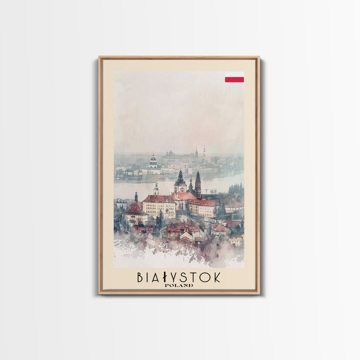 Białystok Poland Travel Poster Framed Canvas Print, Watercolor Art, Home Decor, Wall Art, Travel Print, Historic Cityscape Art