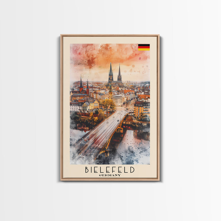 Bielefeld Germany Travel Poster Framed Canvas Print, Watercolor Art, Home Decor, Wall Art, Travel Print, Cityscape Art