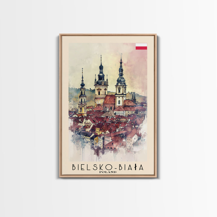 Bielsko-Biała Poland Travel Poster Framed Canvas Print, Watercolor Painting, Wall Art, Home Decor, Travel Print, Historic Cityscape