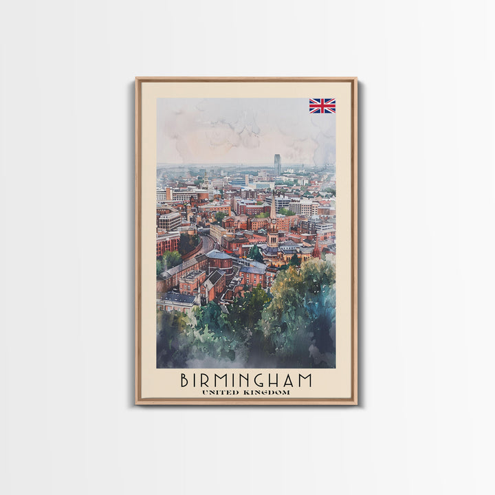 Birmingham United Kingdom Travel Poster Framed Canvas Print, Watercolor Art, Home Decor, Wall Art, Travel Print, Cityscape Art