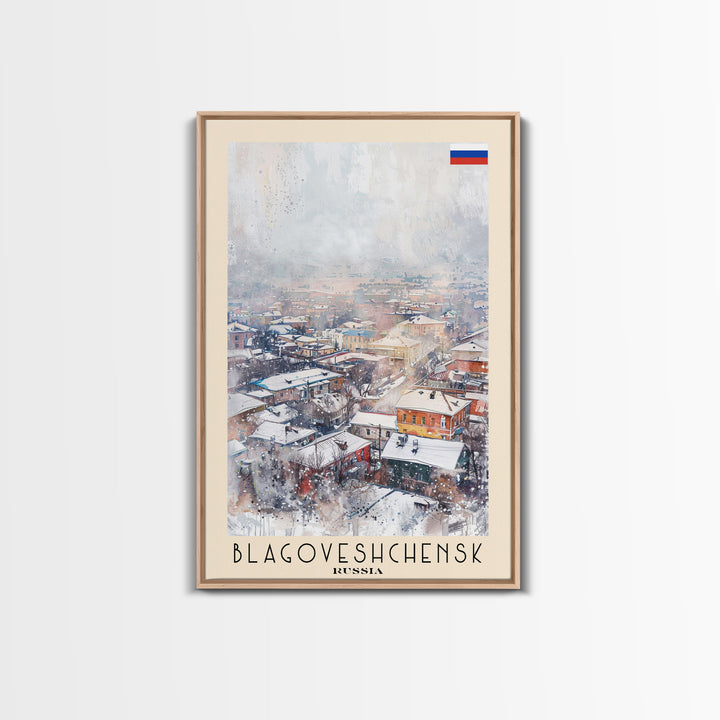 Blagoveshchensk Russia Travel Poster Framed Canvas Print, Wall Art, Home Decor, Travel Print, Winter Scene, Original Art
