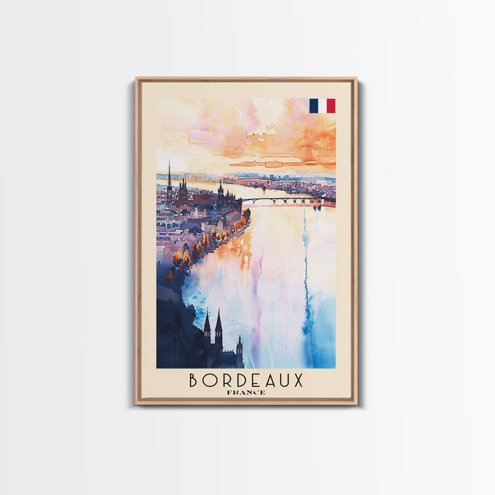 Bordeaux France Travel Poster Framed Canvas Print, Wall Art, Home Decor, Travel Print, Sunset View, Watercolor Art, Original Art