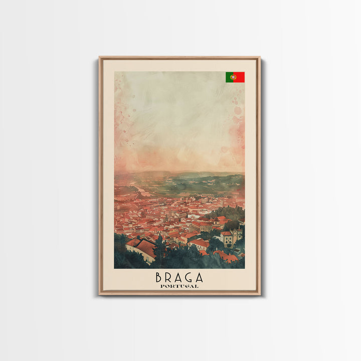 Braga Portugal Travel Poster Framed Canvas Print, Wall Art, Home Decor, Travel Print, Sunset Scene, Boho Art, Original Art