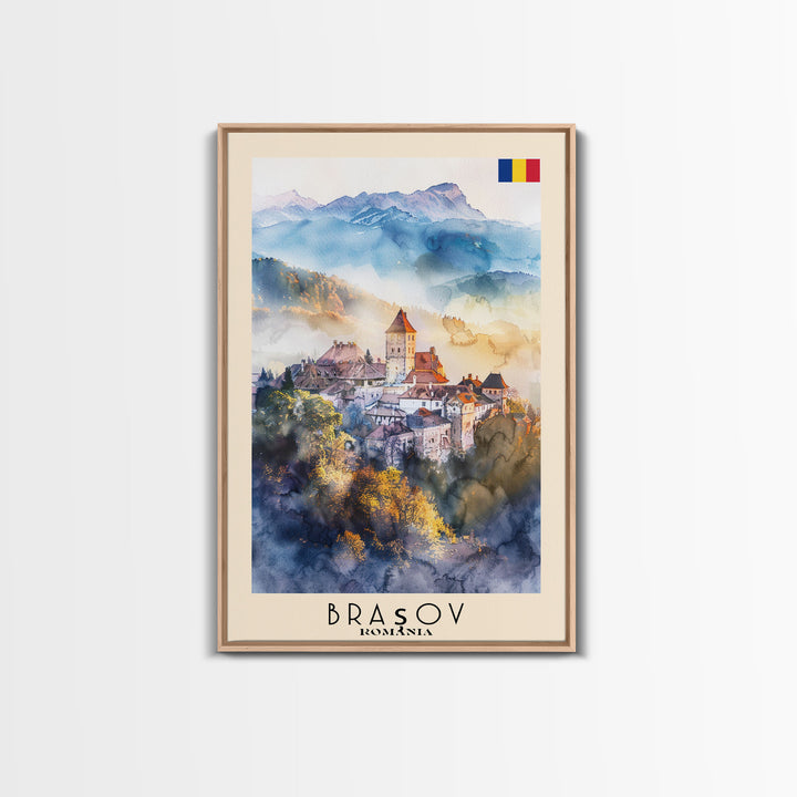 Bra?ov Romania Travel Poster Framed Canvas Print, Wall Art, Home Decor, Travel Print, Mountain View, Watercolor Painting, Original Art