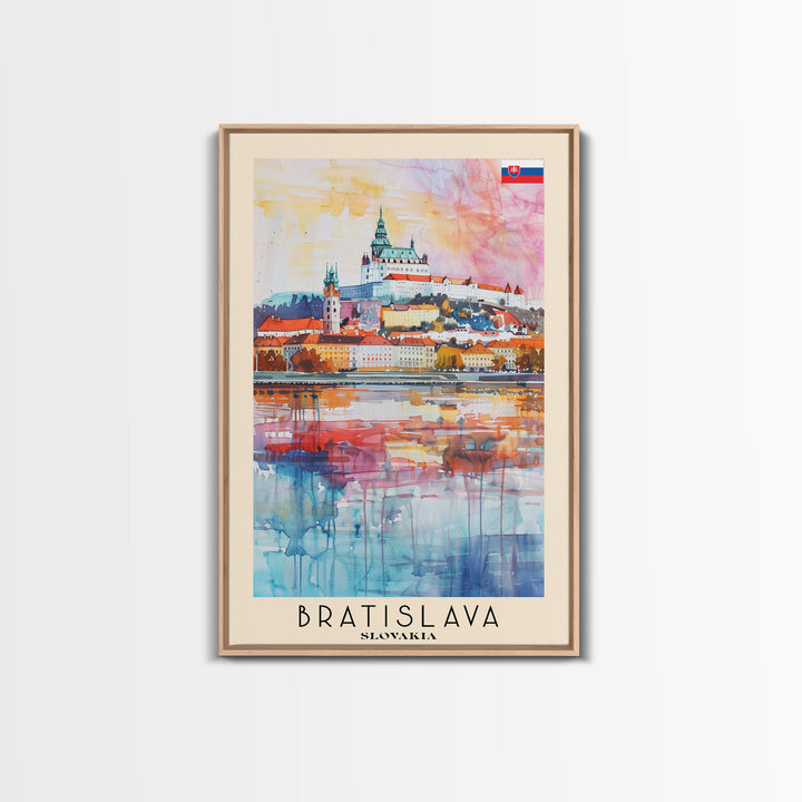 Bratislava Slovakia Travel Poster Framed Canvas Print, Wall Art, Home Decor, Watercolor Painting, Travel Print, Boho Style Art