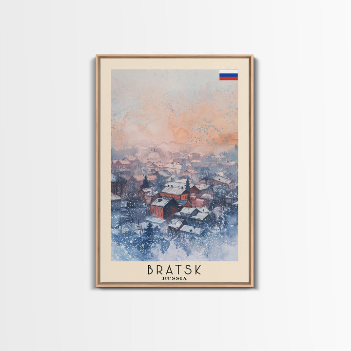 Bratsk Russia Travel Poster Framed Canvas Print, Winter Scene, Wall Art, Home Decor, Travel Print, Abstract Watercolor, Minimalist Art