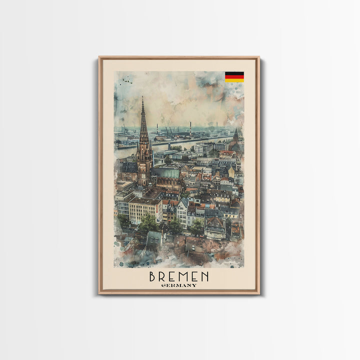 Bremen Germany Travel Poster Framed Canvas Print, Cityscape Art, Wall Decor, Travel Print, Watercolor Painting, Urban Scene, Minimalist Art