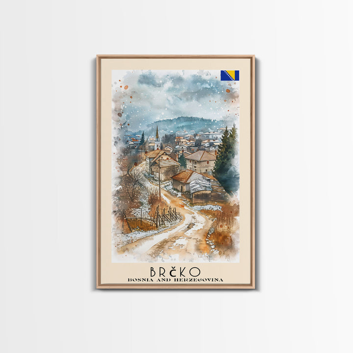 Brčko Bosnia Travel Poster Framed Canvas Print, Cityscape Art, Wall Decor, Travel Print, Watercolor Painting, Urban Scene Art