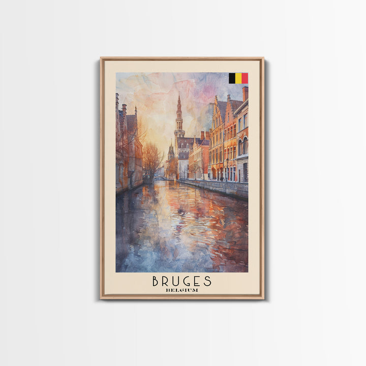Bruges Belgium Travel Poster Framed Canvas Print, Watercolor Painting, Boho Wall Art, Home Decor, Living Room Art, Minimalist Travel Print
