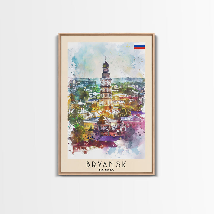 Bryansk Russia Travel Poster Framed Canvas Print, Watercolor Painting, Urban Scene, Wall Art, Home Decor, Bedroom Art, Minimalist Travel Print