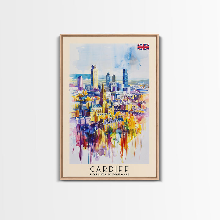 Cardiff United Kingdom Travel Poster Framed Canvas Print, Wall Art, Home Decor, Travel Print, Vacation Gift, Watercolor Painting, Original Art
