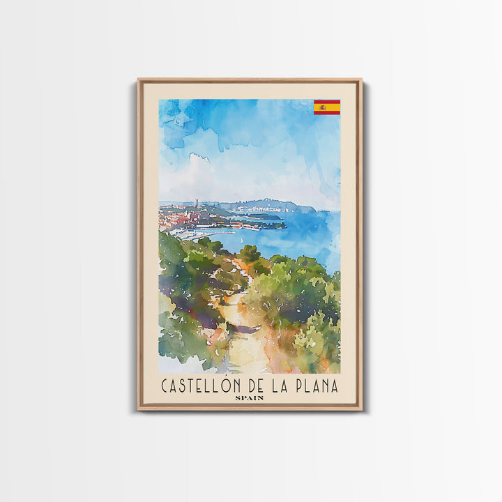 Castellón de la Plana Spain Travel Poster Framed Canvas Print, Wall Art, Home Decor, Travel Print, Vacation Gift, Watercolor Painting, Original Art
