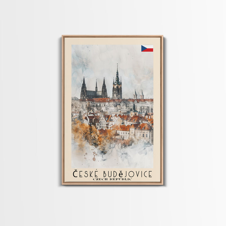 České Budějovice Czech Republic Travel Poster Framed Canvas Print, Wall Art, Home Decor, Travel Print, Vacation Gift, Watercolor Painting, Original Art