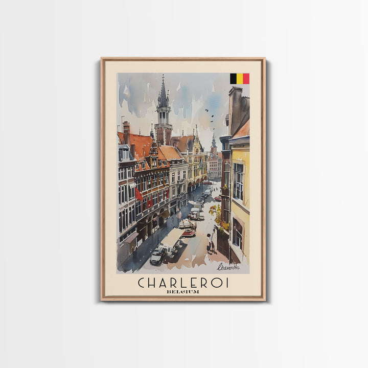 Charleroi Belgium Travel Poster Framed Canvas Print, Wall Art, Home Decor, Travel Print, Vacation Gift, Watercolor Painting, Original Art