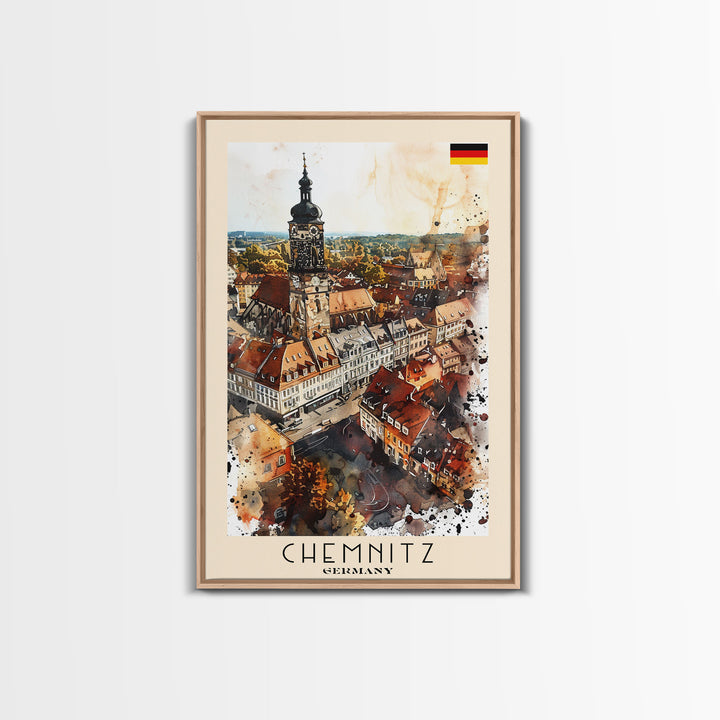Chemnitz Germany Travel Poster Framed Canvas Print, Wall Art, Home Decor, Travel Print, Minimalist Watercolor Painting, Original Art
