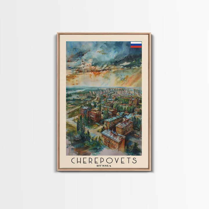 Cherepovets Russia Travel Poster Framed Canvas Print, Wall Art, Home Decor, Travel Print, Abstract Watercolor Painting, Original Art