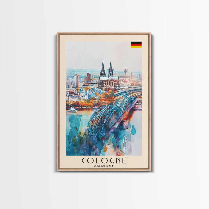 Cologne Germany Watercolor Travel Poster, Wood Framed Canvas Print, Boho Wall Art, Living Room Decor, Original Artwork, Cityscape Home Decor, Travel Print
