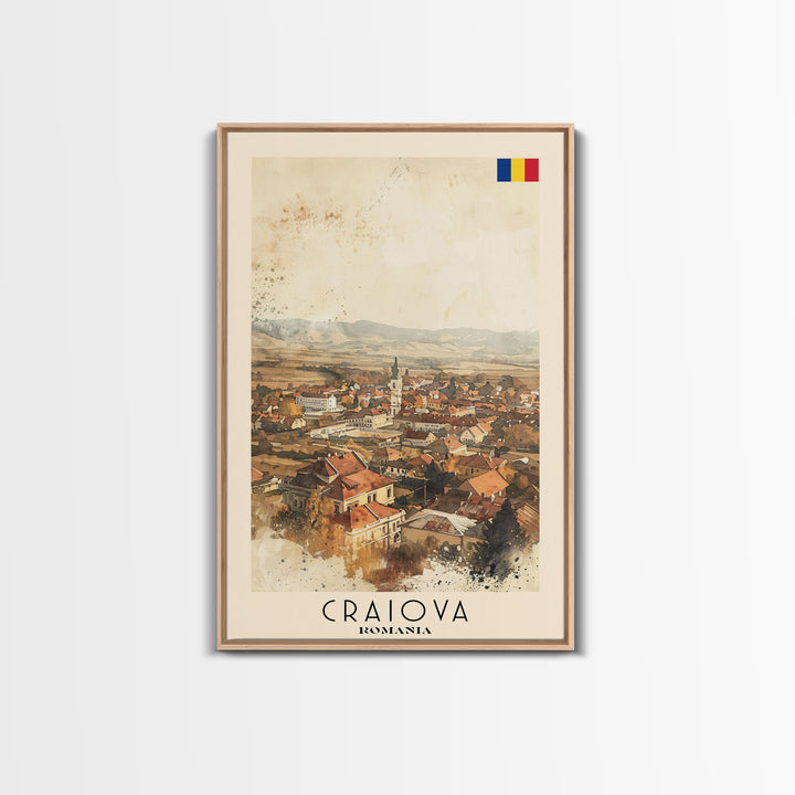 Craiova Romania Watercolor Cityscape, Framed Canvas Print, Travel Poster Art, Home Decor, Living Room Wall Art, Original Painting, Travel Print