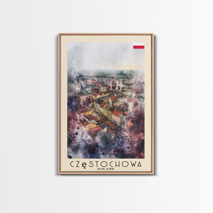 Czestochowa Poland Framed Canvas Print, Watercolor Travel Poster, Cityscape Wall Art, Home Decor, Living Room Artwork, Original Art, Travel Print