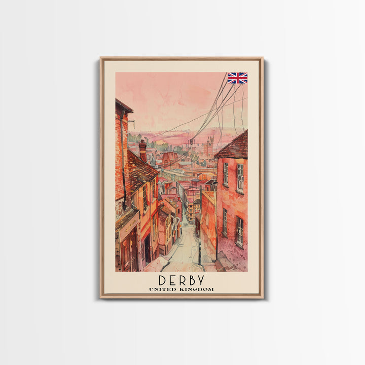 Derby United Kingdom Scenic Watercolor Framed Canvas Print, Vintage Travel Poster, British Wall Art, Rustic Home Decor, Retro Urban Artwork, Living Room Decoration