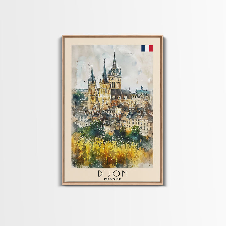 Dijon France Historic Landmark Framed Canvas Print, Watercolor Travel Poster, French Heritage Art, Classic Home Decor, Retro Wall Art, Living Room Piece