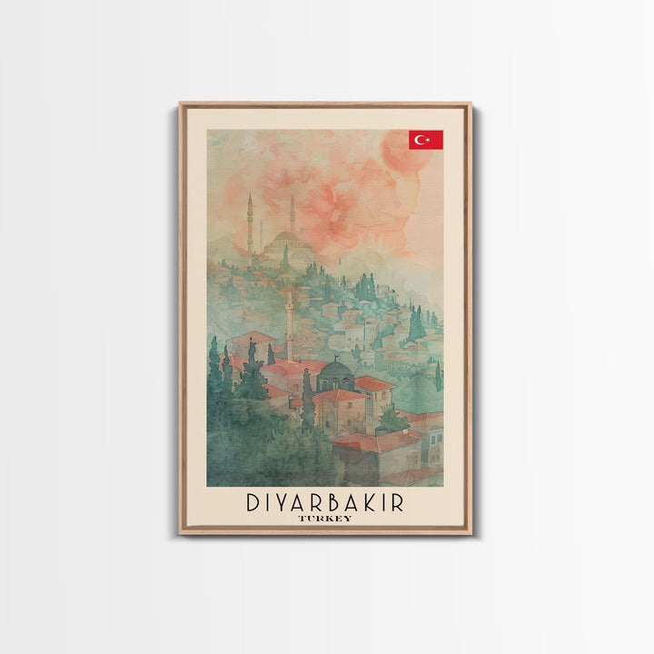 Diyarbakir Turkey Cultural Heritage Framed Canvas Print, Vintage Travel Poster, Turkish Watercolor Art, Exotic Home Decor, Historical Wall Art, Living Room Display