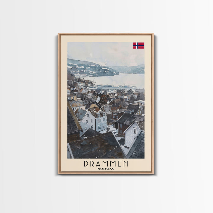 Drammen Norway Serene Landscape Framed Canvas Print, Watercolor Travel Poster, Norwegian Scenic Art, Tranquil Home Decor, Peaceful Wall Art, Living Room Beauty