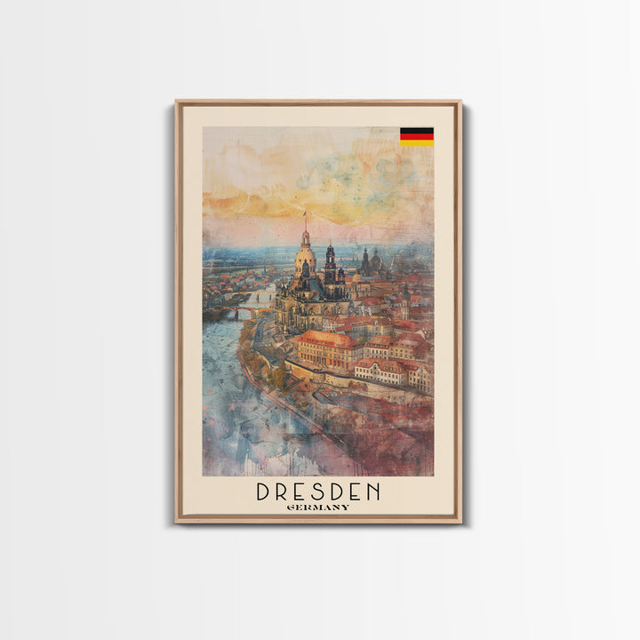 Dresden Germany Architectural Marvel Framed Canvas Print, Watercolor Travel Poster, German Historical Art, Elegant Home Decor, Classic Wall Art, Living Room Centerpiece