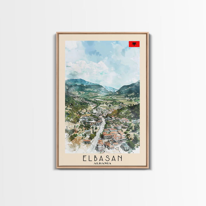 Elbasan, Albania Framed Canvas Print. Mountain Charm Wall Art for Living Room or Bedroom, Scenic Travel Poster Decor.