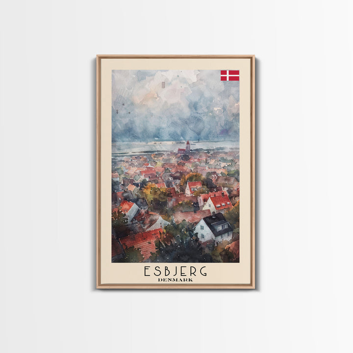 Esbjerg Denmark Skyline Watercolor Framed Canvas Print, Beautiful Travel Poster Art for Home and Office Wall Decor