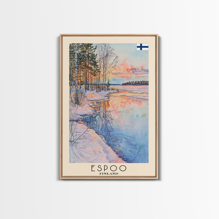 Espoo Finland Serene Landscape Watercolor Framed Canvas Print, Tranquil Travel Poster Art for Home and Office Wall Decor