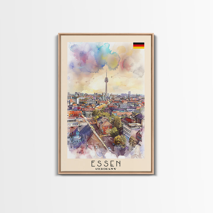 Essen Germany Vibrant Cityscape Watercolor Framed Canvas Print, Dynamic Travel Poster Art for Living Room and Bedroom Decor