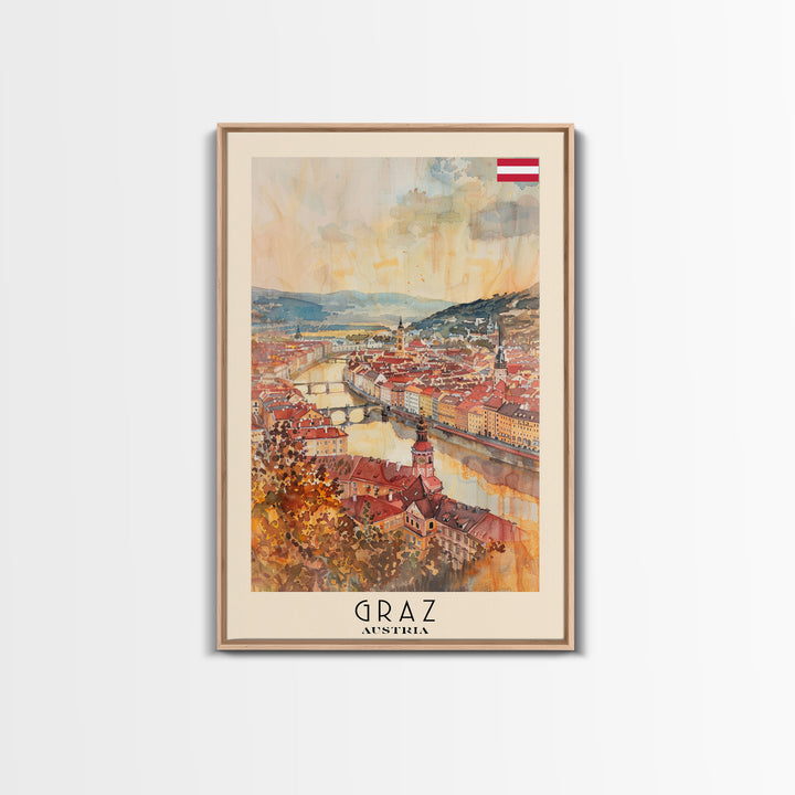 Graz Austria Watercolor Cityscape Art, Framed Canvas Print, Wall Art for Living Room, Travel Poster Art, Home Decor, Austrian Wall Art