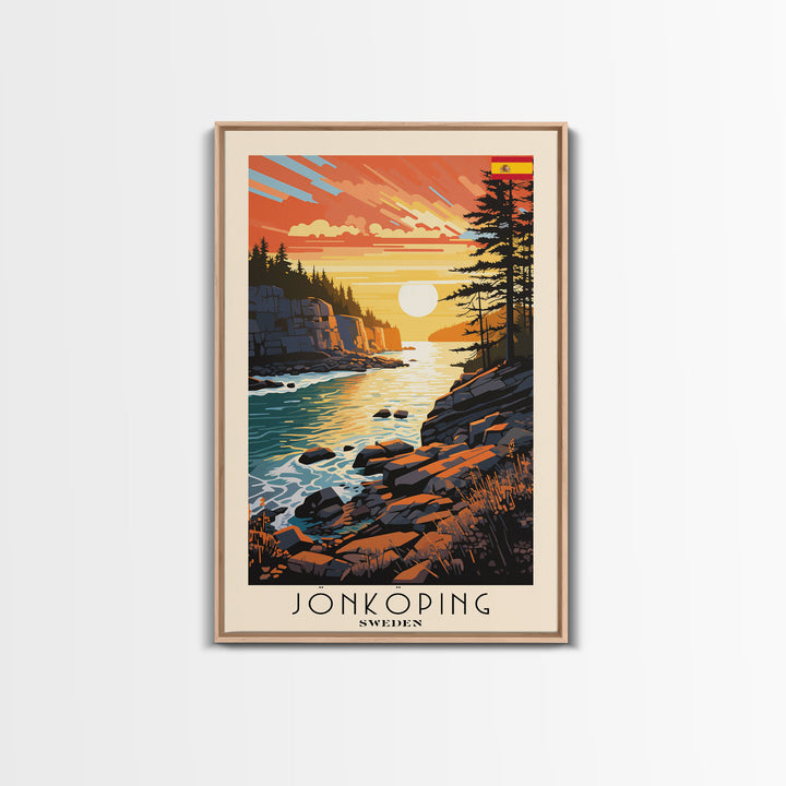 Jonkoping Sweden Lakeside View, Framed Canvas Print, Travel Poster, Serene Wall Art, Bedroom Decor, Scandinavian Cityscape, Modern Home Decoration
